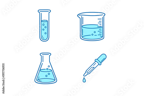 A set of four blue laboratory equipment illustrations including a test tube, a beaker, a conical flask, and a dropper, all filled with a bubbling light blue liquid on a black background.