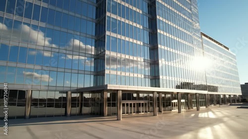 A modern glass building reflects the vibrant blue sky and fluffy clouds, showcasing sleek architecture and sunlight gleaming off its facade in an urban landscape