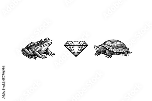 A black and white engraving style illustration featuring a frog, a faceted diamond, and a turtle arranged in a horizontal row against a solid black background.