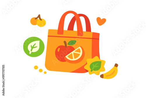 A flat vector illustration of an orange reusable grocery bag decorated with fruit icons, surrounded by a banana, cherries, a heart, and green leaf symbols on a black background.