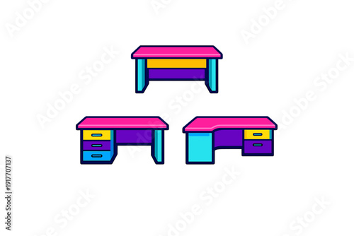 This vector illustration features three colorful office desks with drawers in a modern flat style. The furniture is depicted in bright pink, yellow, and purple on a black background.