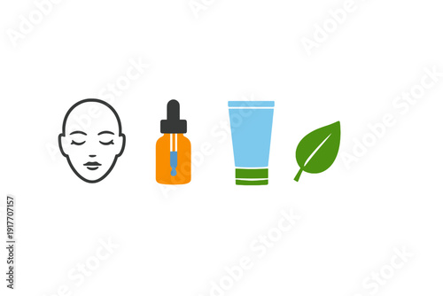 A set of four minimalist icons on a black background representing skincare, featuring a human face, a dropper bottle with serum, a tube of cream, and a green leaf for natural ingredients.