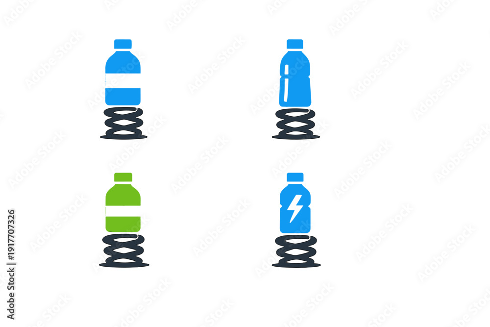 Fototapeta premium A collection of four stylized plastic bottle icons placed on top of coiled springs. The set features blue and green bottles with various label designs on a solid black background.