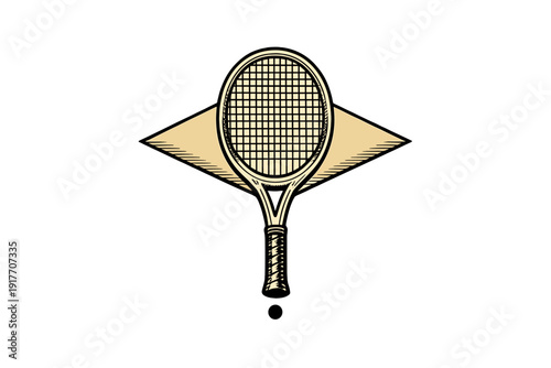 A vintage-style illustration of a tennis racket centered against a black background. The racket features detailed cross-hatched strings and a textured handle with a diamond shape behind it.