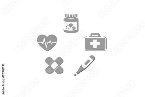 A collection of five grayscale medical icons including a medicine bottle, first aid kit, digital thermometer, crossed bandages, and a heart with an EKG line on a black background.