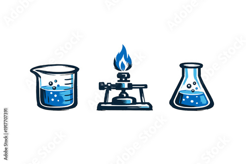 A stylized illustration featuring a beaker, a Bunsen burner with a blue flame, and an Erlenmeyer flask, all containing blue liquid and bubbles against a solid black background.