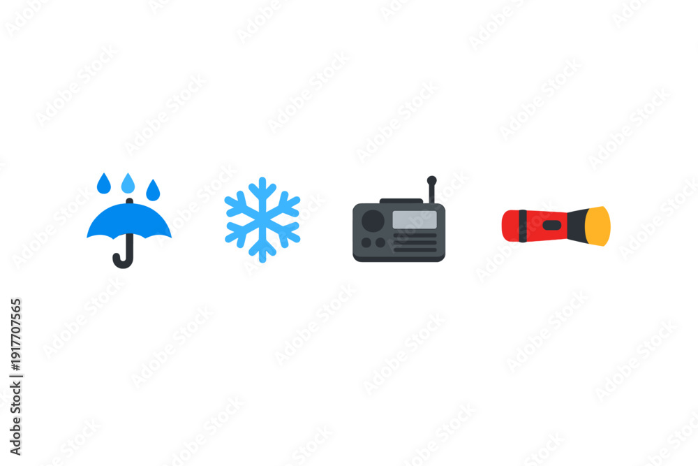 Fototapeta premium A collection of four colorful icons including a blue umbrella with rain, a blue snowflake, a grey portable radio, and a red flashlight, all set against a solid black background.