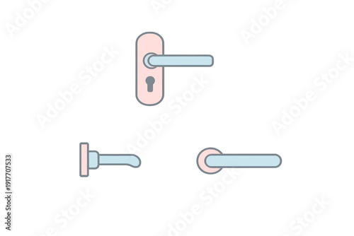 This set of flat vector illustrations shows three different views of door handles with light blue levers and pink backplates, all set against a dark black background.