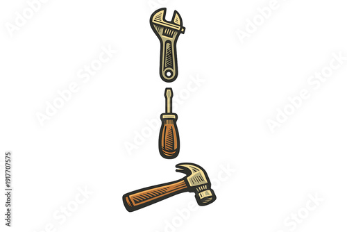 This graphic illustration depicts three essential hand tools: an adjustable wrench, a screwdriver, and a claw hammer, all rendered in a retro woodcut style on a black backdrop.