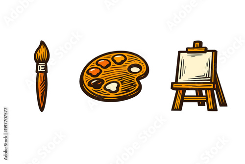 A stylized illustration features a paintbrush, a wooden artist palette with various paint colors, and a small wooden easel holding a blank white canvas against a black background.