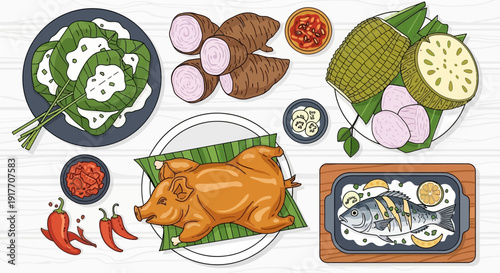 Filipino Food and Ingredients Illustration - Delicious Traditional Cuisine Display