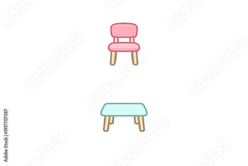 A cartoon illustration of a small pink chair and a light blue table with wooden legs, isolated on a black background. This simple furniture set features rounded edges and a cute style.