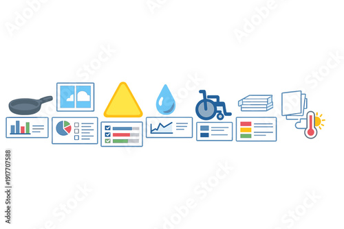This illustration features a row of diverse icons and data dashboard cards including charts, graphs, and symbols for accessibility, weather, and household management.