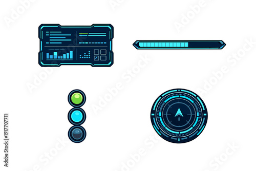 This set features sci-fi HUD components like a digital data panel, a progress bar, status lights, and a circular navigation radar, all rendered in glowing blue tones.