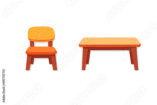 A stylized illustration of a small orange chair and a matching table set against a solid black background. The furniture features a simple, rounded design with warm tones.
