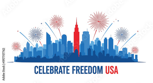Independence day USA icon with fireworks and city skyline, Celebrate Freedom USA. Vector illustration for 4th of July celebrations. Created in colorful style with red, white, and blue palette.