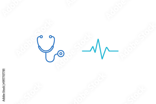A blue stethoscope icon and a light blue heartbeat EKG line are displayed side by side on a solid black background, representing medical care, cardiology, and health monitoring services.