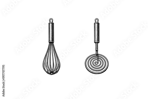 This monochrome illustration features two distinct kitchen whisks, a traditional balloon whisk and a spiral whisk, rendered in a detailed vintage woodcut style against a black backdrop.