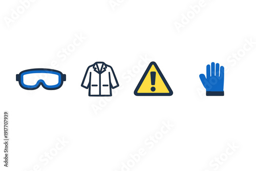 A set of four laboratory safety icons including blue goggles, a white lab coat, a yellow warning triangle, and a blue protective glove, all isolated on a black background.