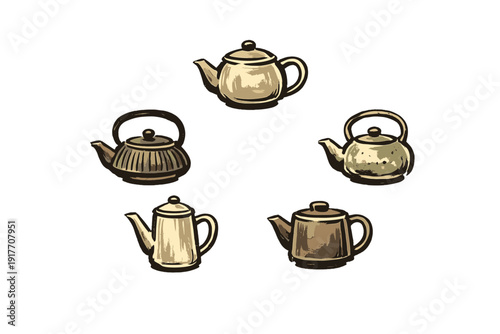 A collection of five vintage style teapots and coffee pots arranged in a circle on a black background. The hand drawn illustrations feature cream and brown tones with a woodcut aesthetic.