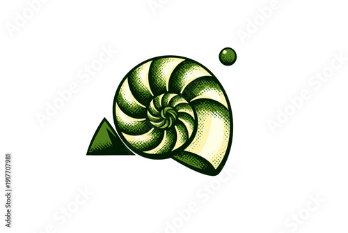 A stylized green and cream nautilus shell illustration with a stippled texture is centered on a solid black background, accompanied by a small green sphere and a triangular shape.