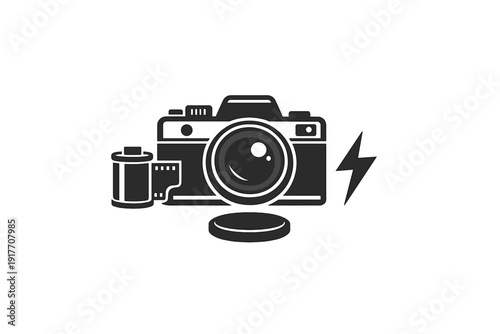 This minimalist black and white illustration shows a classic film camera surrounded by a roll of film, a lens cap, and a lightning bolt icon on a solid background.