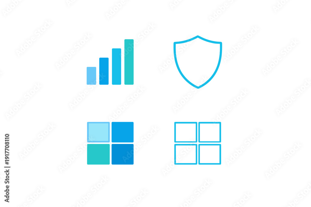 Obraz premium A collection of four minimalist blue icons on a black background featuring a bar chart, a security shield, and two different grid patterns representing data and interface design.