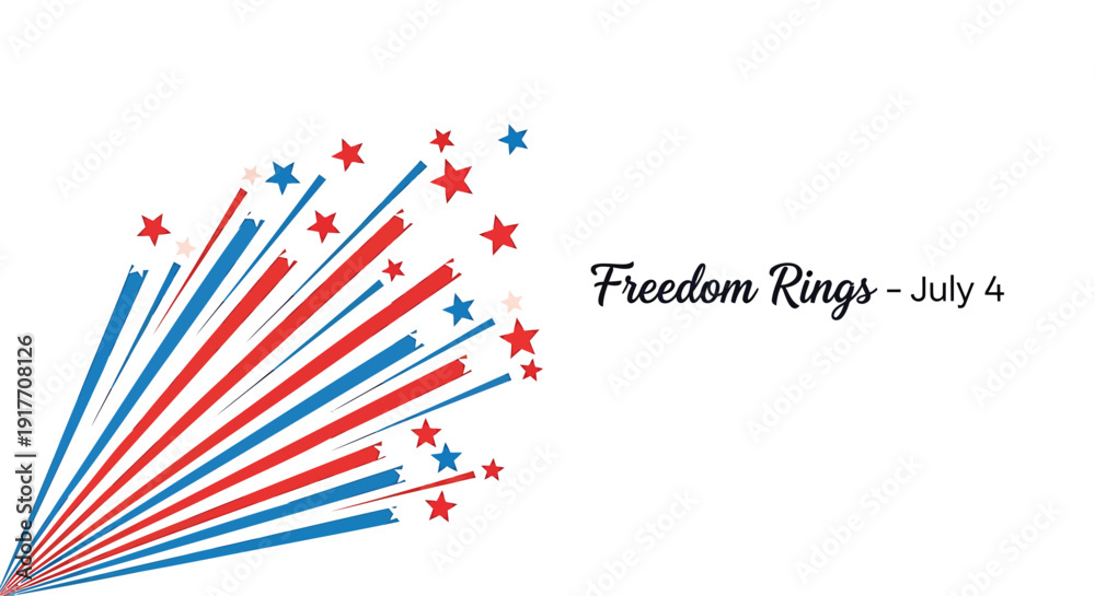 Obraz premium Patriotic firework icon with Freedom Rings - July 4 text, star and line burst in red, white and blue colors.