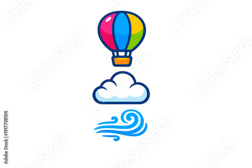 A colorful hot air balloon floats above a dark cloud and a blue wind icon. The illustration features a vibrant flat design style with bold outlines on a solid black background.