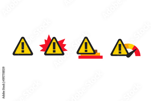 A set of four yellow warning triangle icons with black exclamation marks on a dark background, featuring an explosion effect, stacked blocks, and a circular level meter.