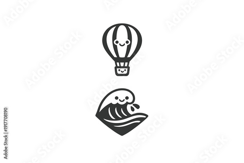 A minimalist black and white illustration featuring two cute icons: a hot air balloon and an ocean wave, both with simple smiley faces on a solid black background.