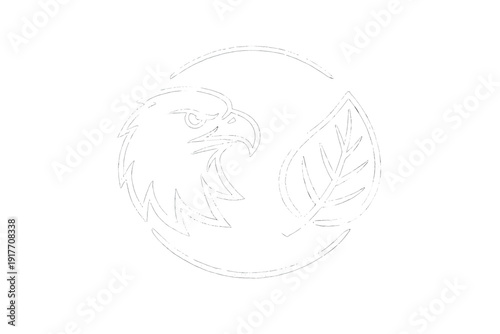 A white line art illustration of an eagle head and a leaf enclosed in a circular frame on a black background. This minimalist design represents nature and wildlife conservation.