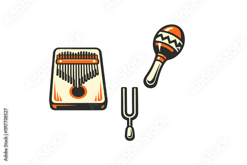 A vector illustration featuring a kalimba, a maraca with a zigzag pattern, and a tuning fork. The musical instruments are rendered in orange and cream tones on a black background.