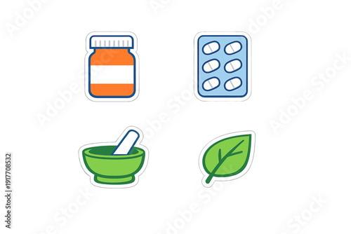 A set of four medical and pharmaceutical icons including an orange pill bottle, a blue blister pack of pills, a green mortar and pestle, and a green leaf on a black background.