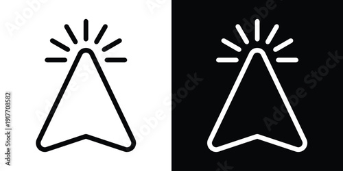 Linear outline cursor arrow featuring radiating energy lines. Minimalist wireframe style icon for modern web interfaces, touch gestures, and interactive menus. Elegant stroke design.