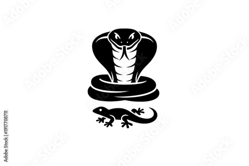 A black and white line drawing of a muscular anthropomorphic cobra character with a large hood and defined chest muscles, standing in a powerful pose against a dark background.