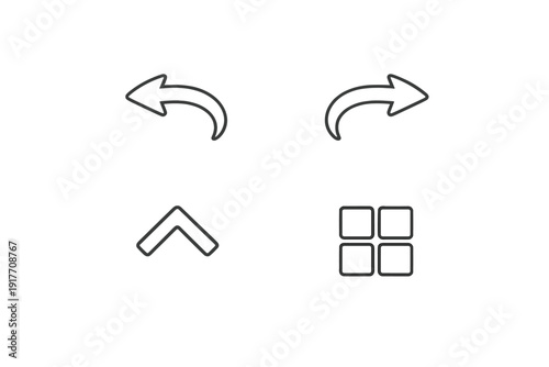 A collection of four white minimalist user interface icons displayed on a solid black background, including curved arrows for navigation, an upward chevron, and a grid menu symbol.