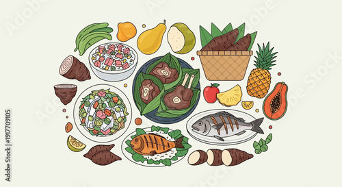 A vibrant collection of tropical fruits and prepared dishes artfully arranged