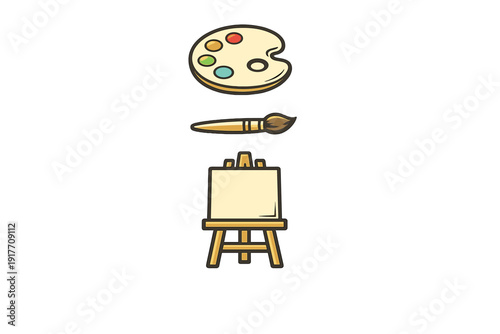 A simple illustration featuring a wooden paint palette with various colors, a paintbrush, and a wooden easel with a blank canvas, all arranged vertically against a black background.