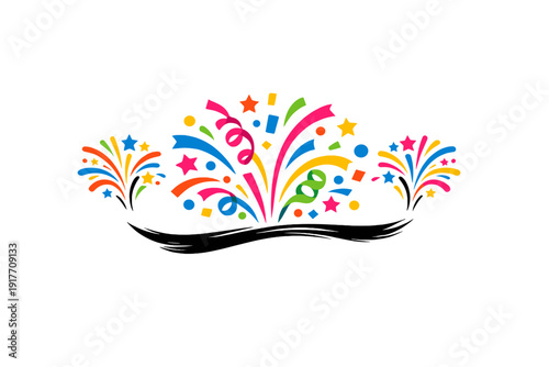 A colorful stylized illustration of fireworks and confetti bursts featuring stars and swirls on a black background. This festive graphic represents joy and celebration.