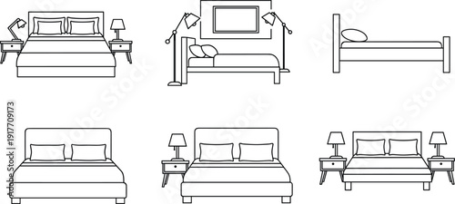 Bedroom furniture icon set with bed nightstand lamp and headboard for interior design home staging hotel vector,