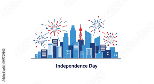 Independence Day celebration cityscape vector illustration, fireworks over city skyline, patriotic theme. Created in flat style with blue and red color palette.
