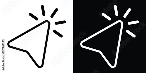 Linear outline cursor arrow featuring radiating energy lines. Minimalist wireframe style icon for modern web interfaces, touch gestures, and interactive menus. Elegant stroke design.