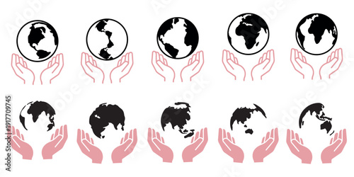 Environmental protection pictogram set, people recycling and planting trees, eco conservation concept, sustainability awareness symbols, green earth care vector icons