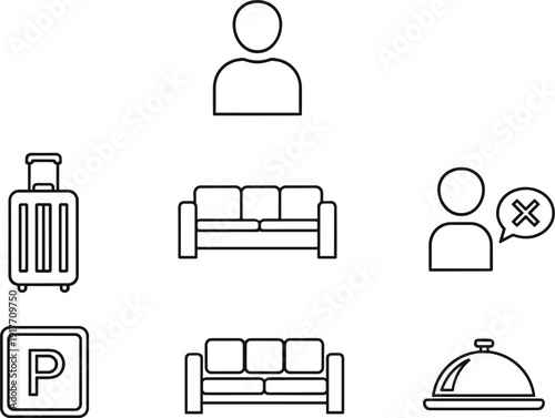 Hotel service icon set with guest profile luggage sofa parking and food cloche for travel app interface