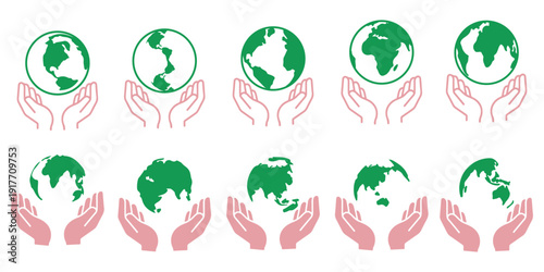 Environmental protection pictogram set, people recycling and planting trees, eco conservation concept, sustainability awareness symbols, green earth care vector icons