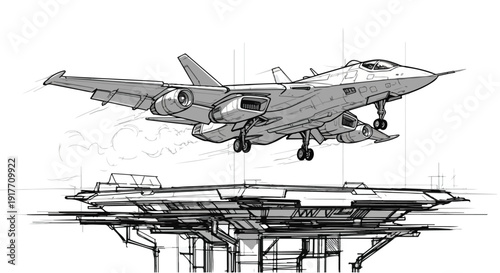 Military aircraft fighter jet technical sketch