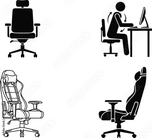 Ergonomic office chair icon set with adjustable gaming seat and correct sitting posture for workplace wellness vector illustration