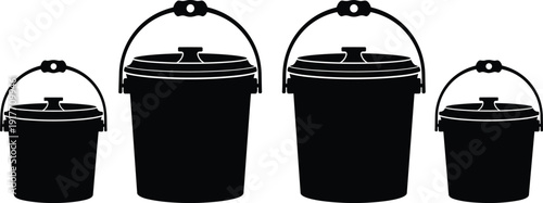 Black silhouettes of four buckets with lids and handles