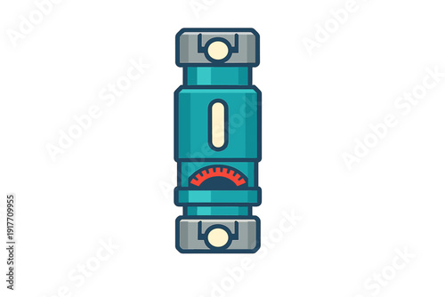 A flat vector illustration of a teal cylindrical device featuring a red gauge and a white indicator light. The object has grey end caps and a clean, minimalist design on a black background.